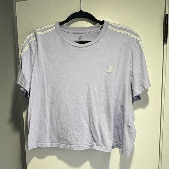 Adidas Essentials Women's Loose 3-Stripes Cropped Tee Top XL Shirt Purple White - Picture 5 of 9
